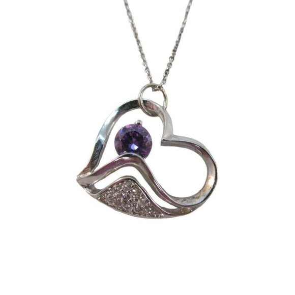 Sterling Silver Amethyst and Rhinestone Heart Pendant Necklace - Picture 2 of 12